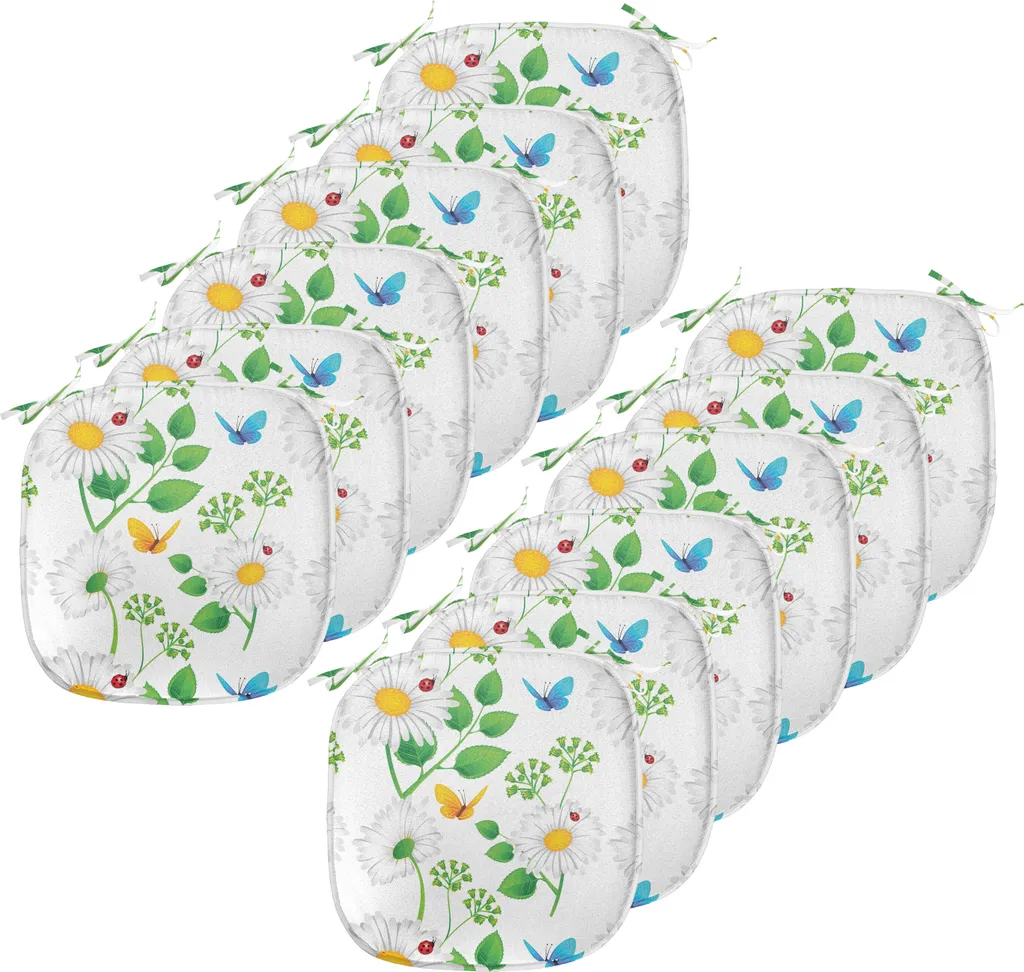 ABAKUHAUS Cuscini a forma di coccinella per sedie da sala da pranzo, coccinella su camomilla, cuscini decorativi impermeabili con cinturini per sedie da cucina, 40 cm x 40 cm - confezione da 12, bianco verde