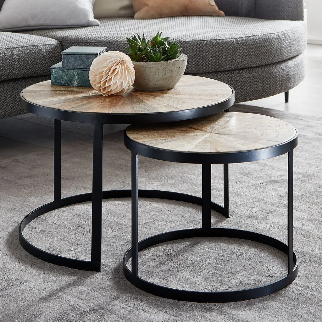 Table de Salon Robuste en Bois Massif Anti-Rayures Set de 2 Tables Rondes