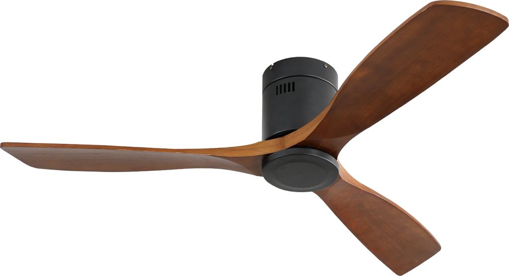52-Zoll-Deckenventilator mit niedrigem Profil, DC, 3 Flügel aus geschnitztem Holz, geräuschloser Umkehrmotor, Fernbedienung ohne Licht