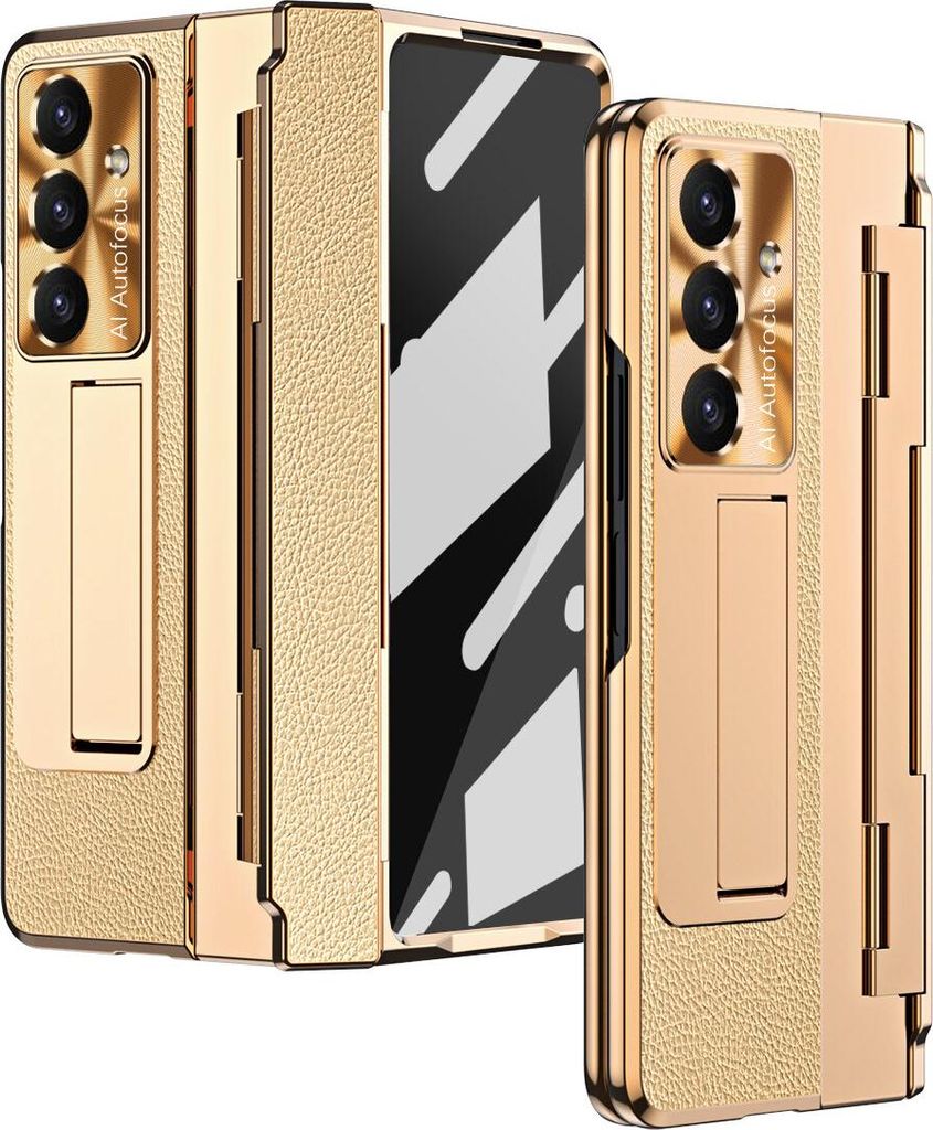 Hülle für Samsung Galaxy Z Fold 7 mit Displayschutz & Objektivschutz Galvanisierte Litschi Ständer Schutzhülle Gelb