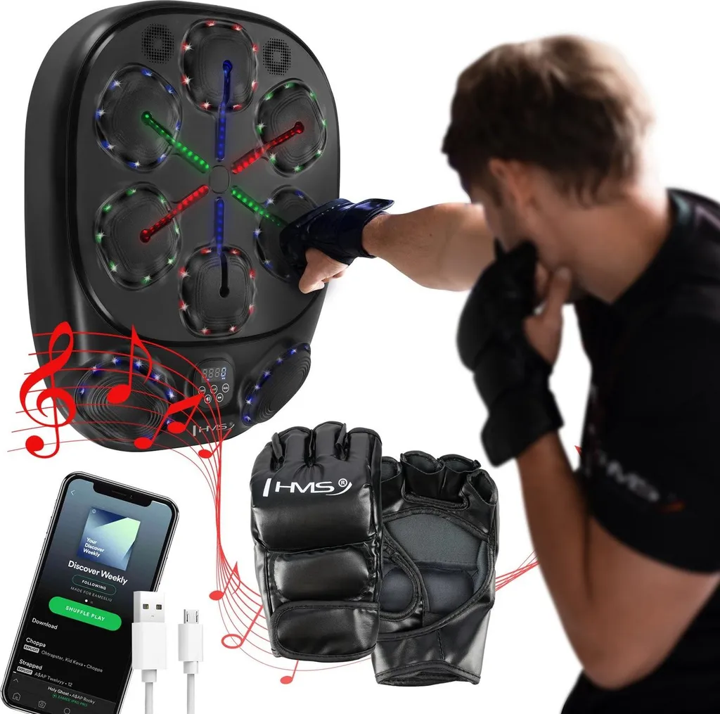 Cible de boxe murale musicale avec gants de protection et Bluetooth 5.0