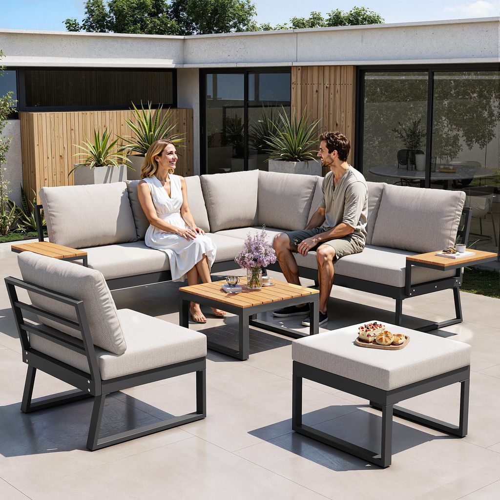 Terrassenmöbel-Set, L-förmiges Gartensofa-Set mit Holzarmlehnen, wetterfestes Eck-Set & Eisen-Liegestuhl, 7-Sitzer-Polster-Lounge, Beige