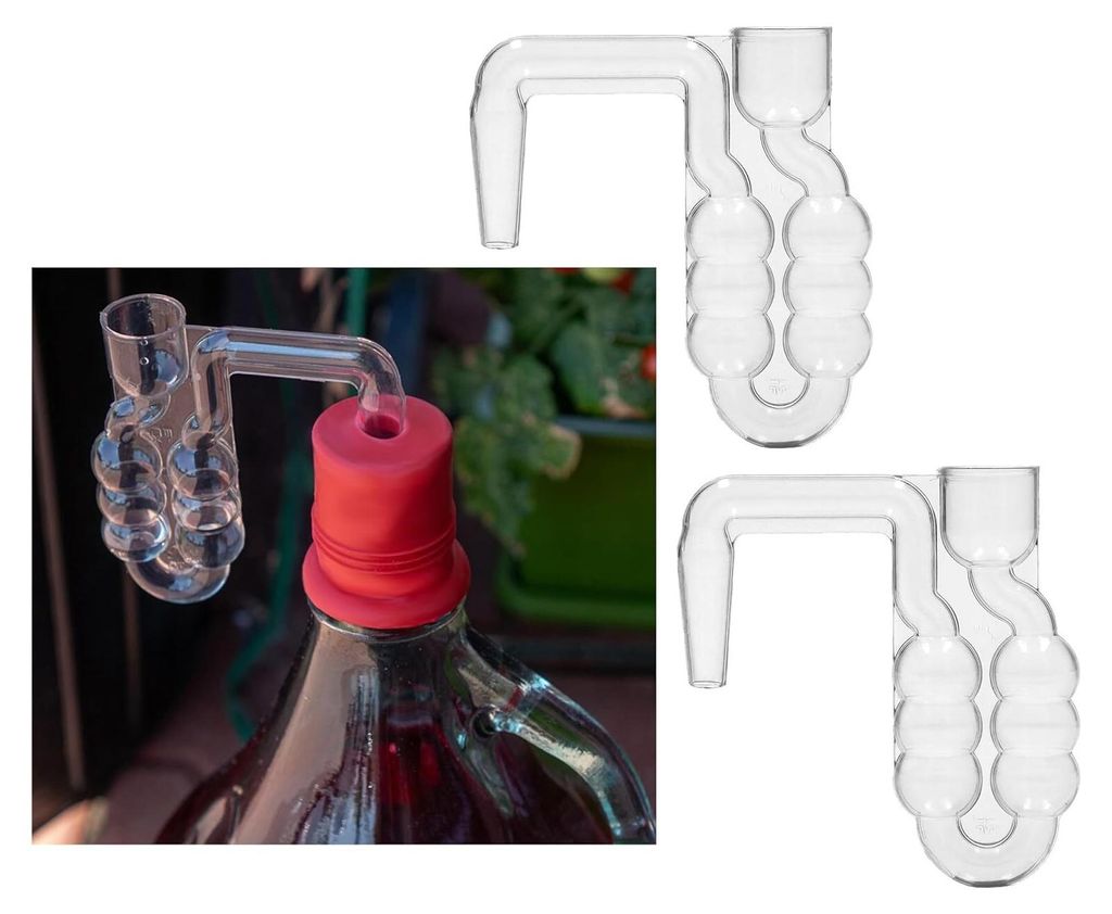 A collage of images showing a glass fermentation airlock attached to a bottle, and two separate airlocks on a white background.