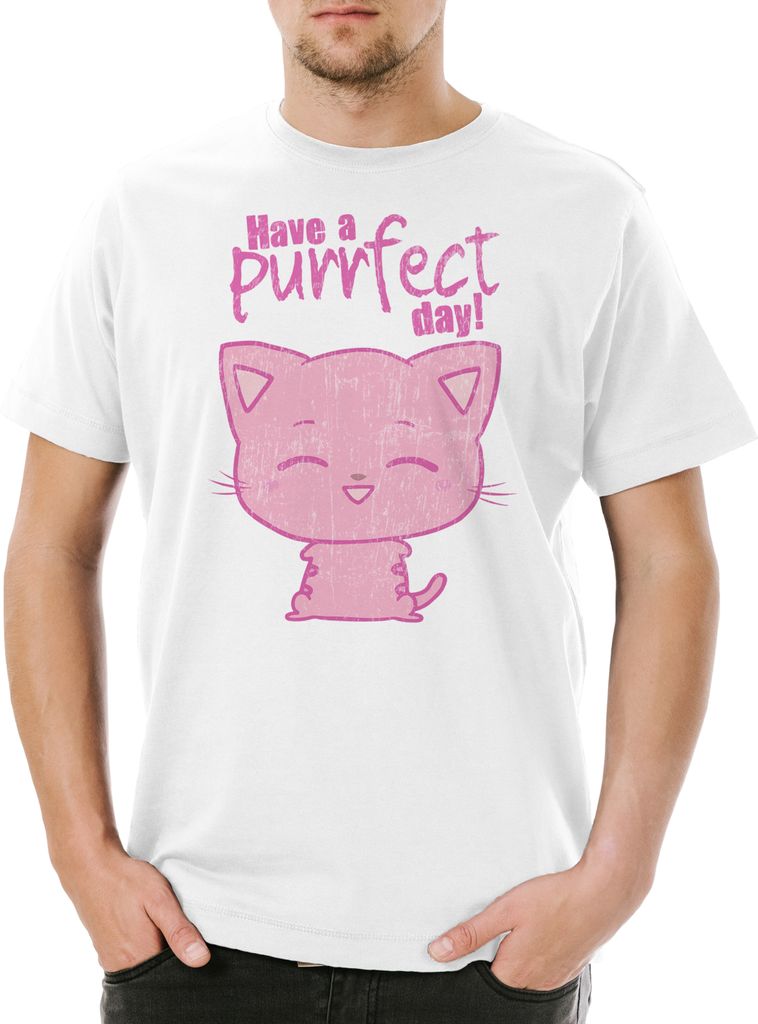 Urban Backwoods Have A Purrfect Day, Herren T-Shirt, Farbe: Weiß, Größe: XS