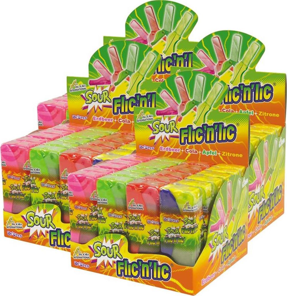Flic'n'lic Lutscher Sour mit Erdbeer, Cola, Apfel 24 Stk. im Display (4er Pack)