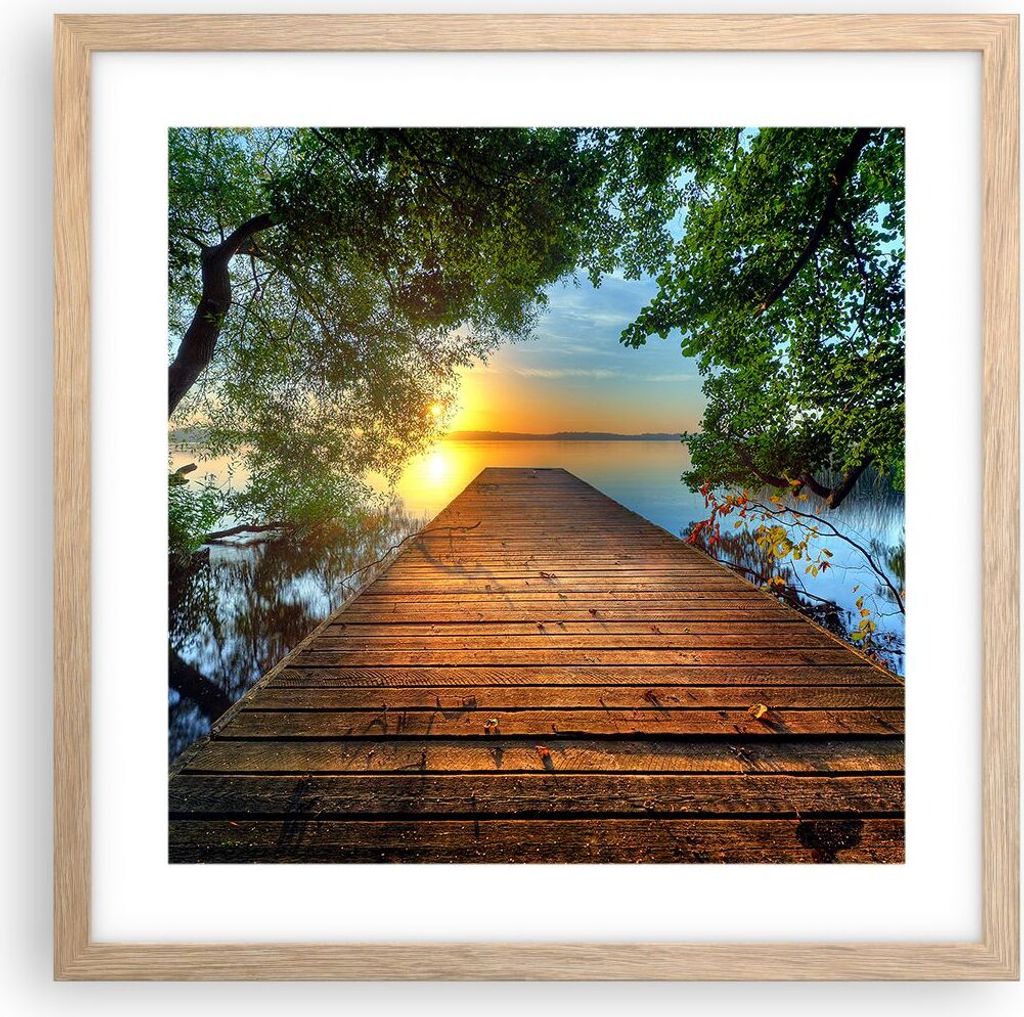 Gerahmtes Poster - Rahmen in heller Eiche - Brücke See - 40x40 cm - Wand Bild - Wanddeko - Wandbilder - Kunstposter - Wandposter - Bilderrahmen - ...