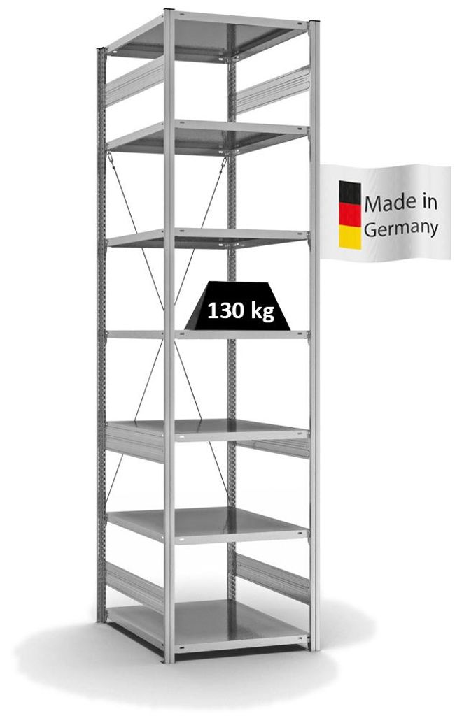 PROREGAL Fachbodenregal Stecksystem MAGNUS Germany | HxBxT 300x75x80cm | 7 Ebenen | Fachlast 130 kg | Einseitig nutzbar | Verzinkt