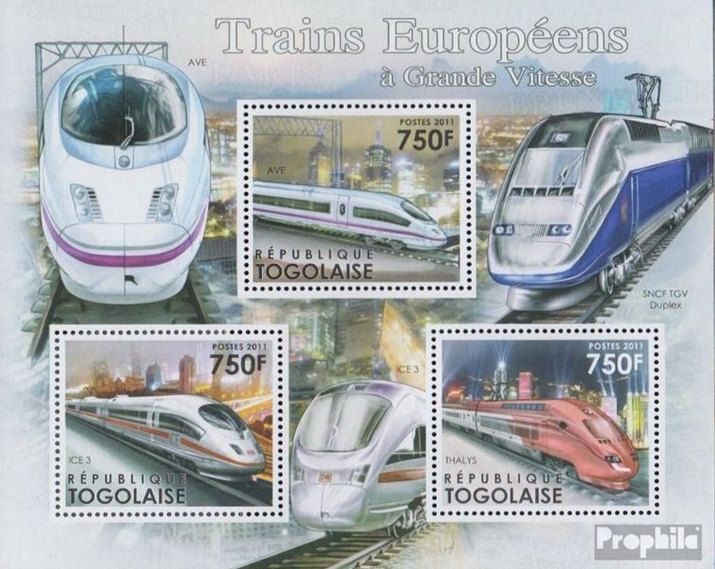 Briefmarken Togo 2012 Mi 4345-4347 Kleinbogen (kompl.Ausg.) postfrisch Hochgeschwindigkeitszüge