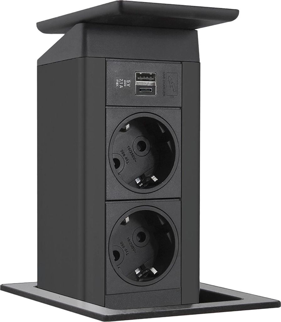 EVOline Port Push schwarz 2x Schuko + USB-A + USB-C Charger Wippdeckel Edelstahl