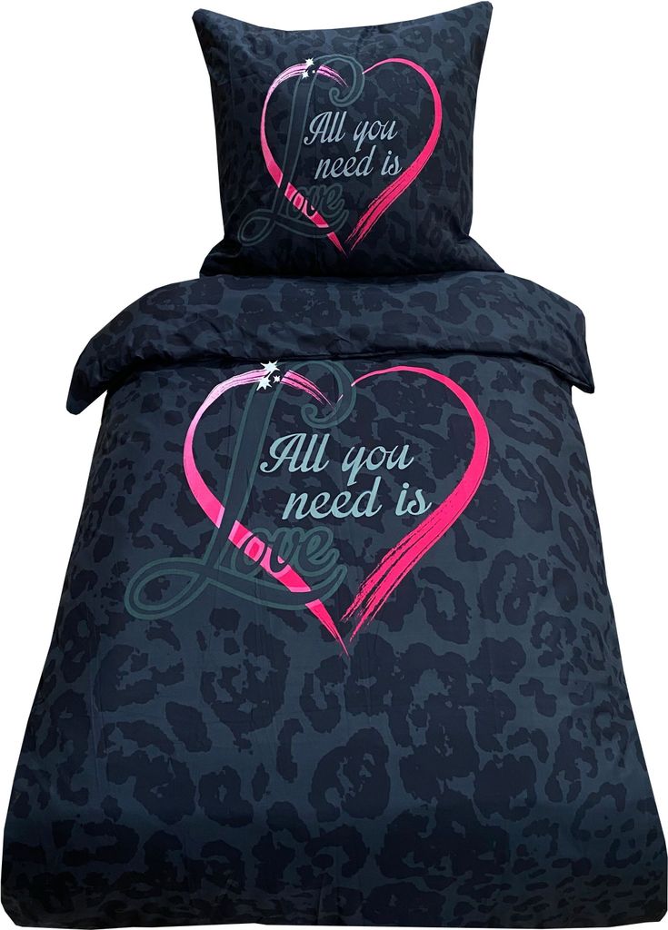 Bettwäsche 155x200 + 80x80 cm schwarz pink Herz Love mit Reißverschluss, 2-tlg