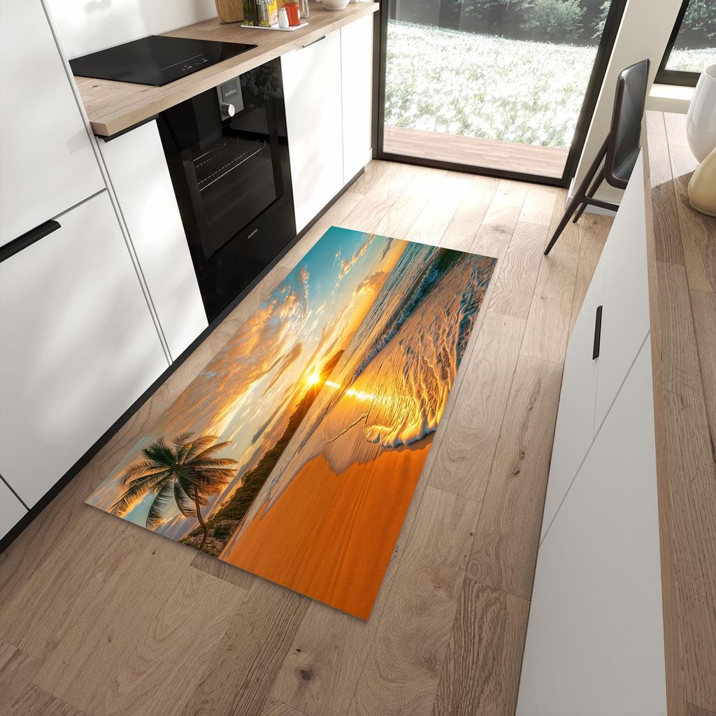 Küchenteppich 90x180cm rutschfest & abwischbar PVC Läufer - Strand von Sonnenuntergang