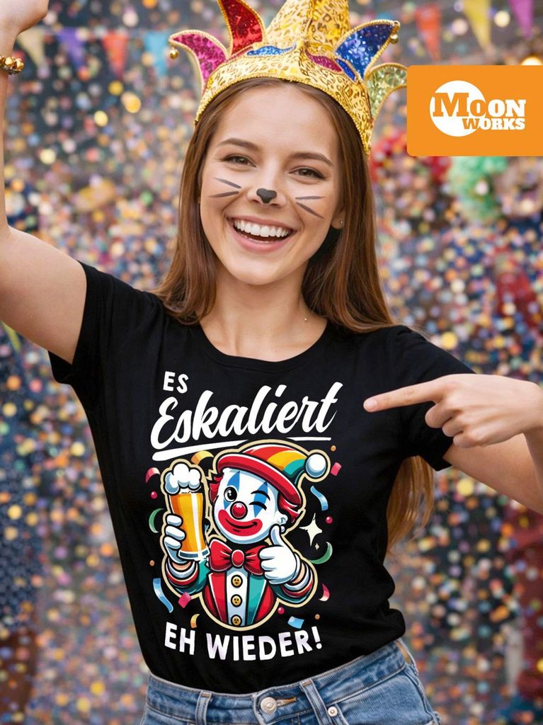Damen T-Shirt Spruch Es eskaliert eh Frosch Einhorn Clown Fasching Karneval Frauen Fun-Shirt lustig Moonworks