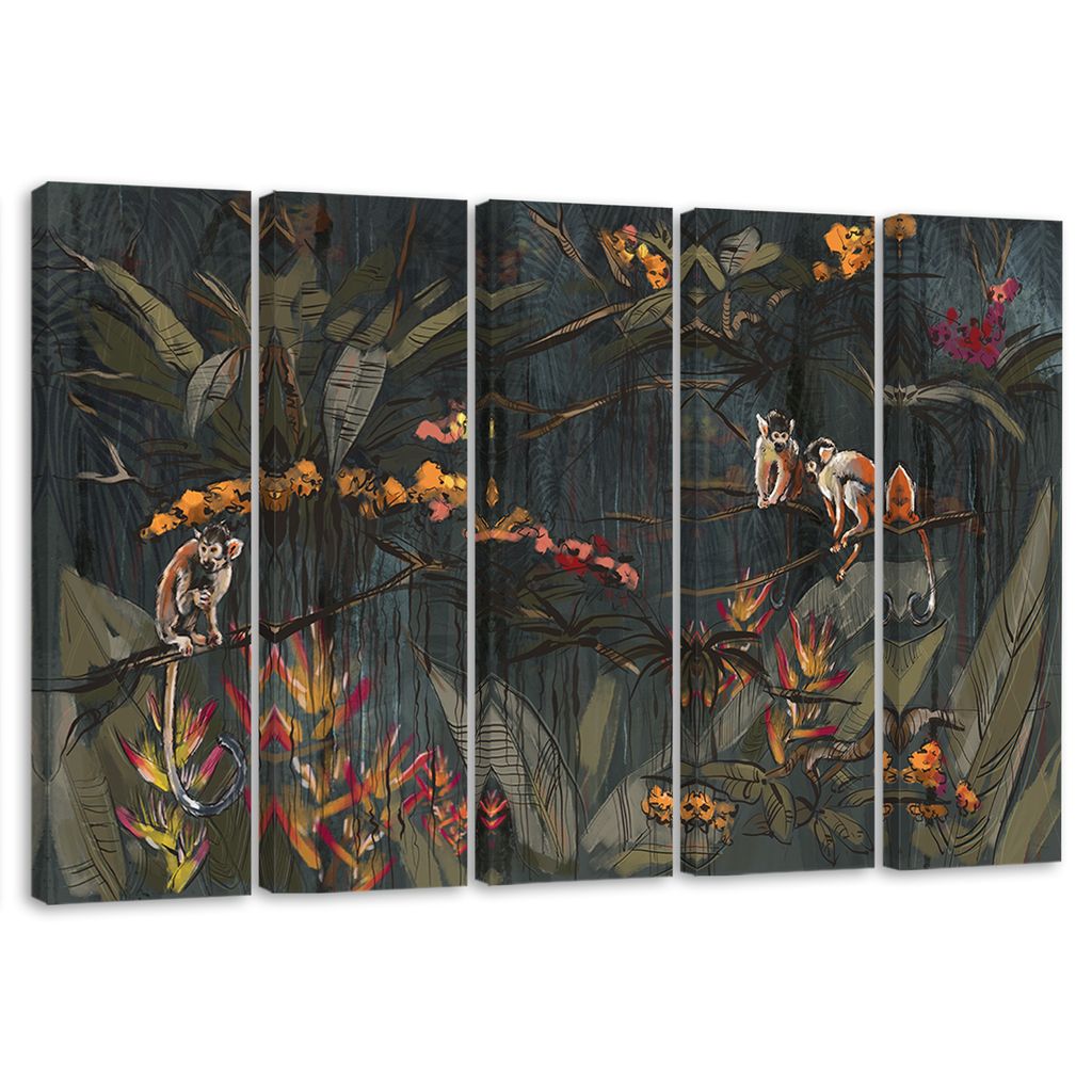 5-teiliges leinwandbild affen im dschungel 100x70 cm Feeby schwarz wandbild bereit zum aufhängen