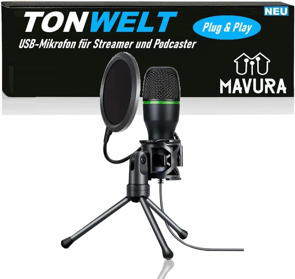 TONWELT USB Mikrofon Gaming Podcast Streaming PC Set mit Ständer & Popschutz