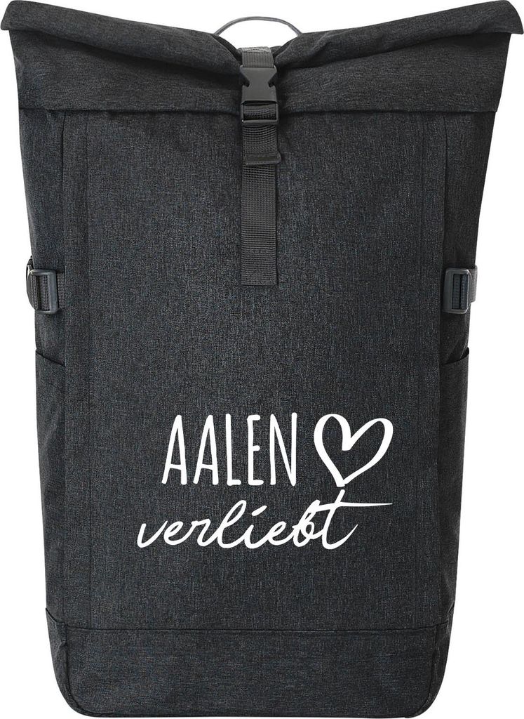 Huuraa Kurierrucksack Aalen verliebt Geschenk 30-44 Liter Black Melange Fairtrade Rolltop Rucksack Aalen Geschenkidee