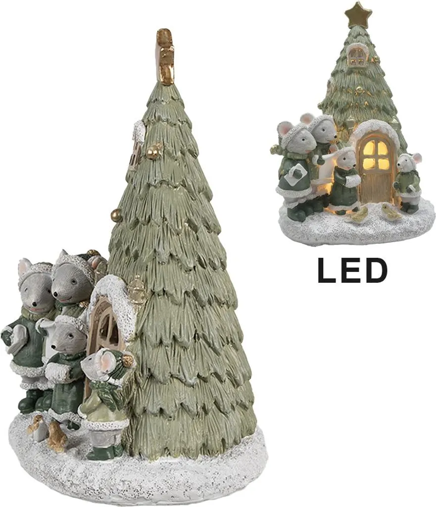 Décoration de Noël intérieure : Maisonnette verte avec souris LED 17cm