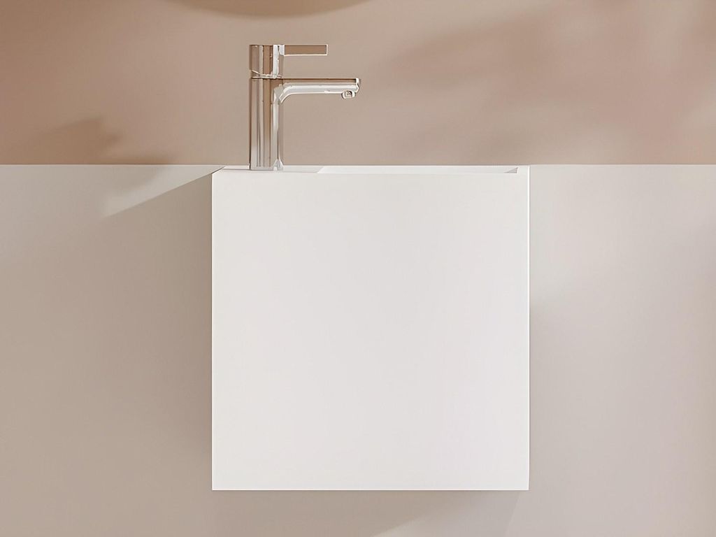 Weißes Wandwaschbecken aus Mineralwerkstoff mit Nische - Mischbatterie links - 40 cm - PUMORI