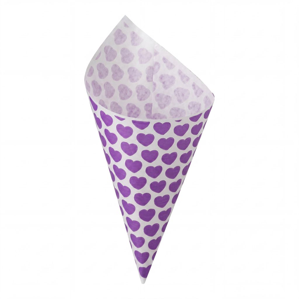 100 Spitztüten mit Herz-Motiv – Lila | 125g | Papier-Tüten Produktbild 