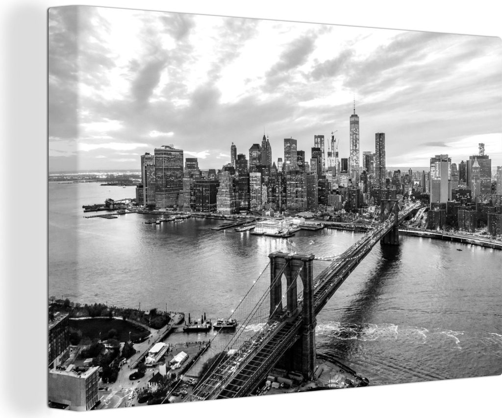 OneMillionCanvasses - Leinwandbilder - 140x90 cm, New York - Brooklyn - Brücke - Schwarz - Weiß, Wandbilder Kunstdruck Wanddekoration
