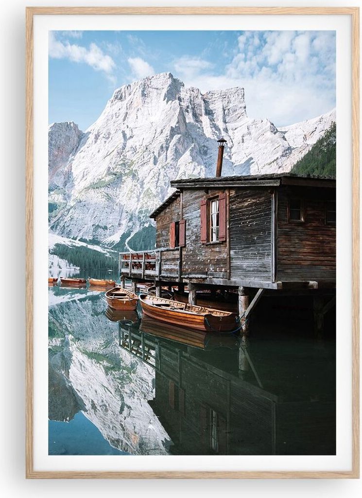 Gerahmtes Poster - Rahmen in heller Eiche - Cottage Oben Der See - 70x100 cm - Wand Bild - Wanddeko - Wandbilder - Kunstposter - Wandposter - Bilde...