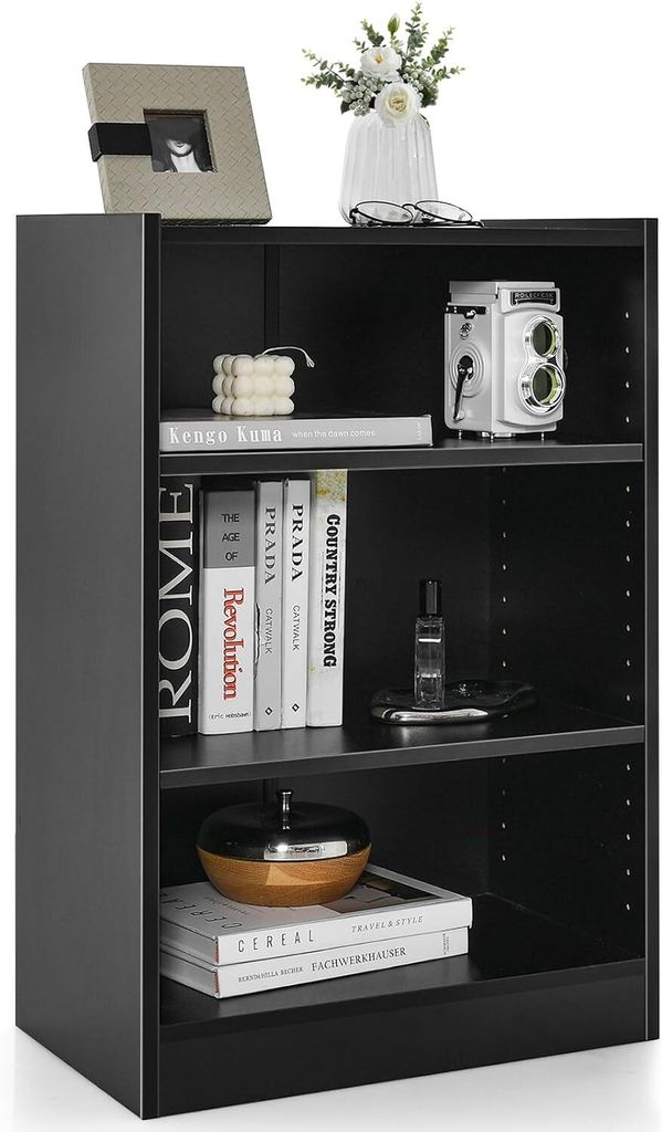 A black three-shelf bookcase filled with decorative items and books.