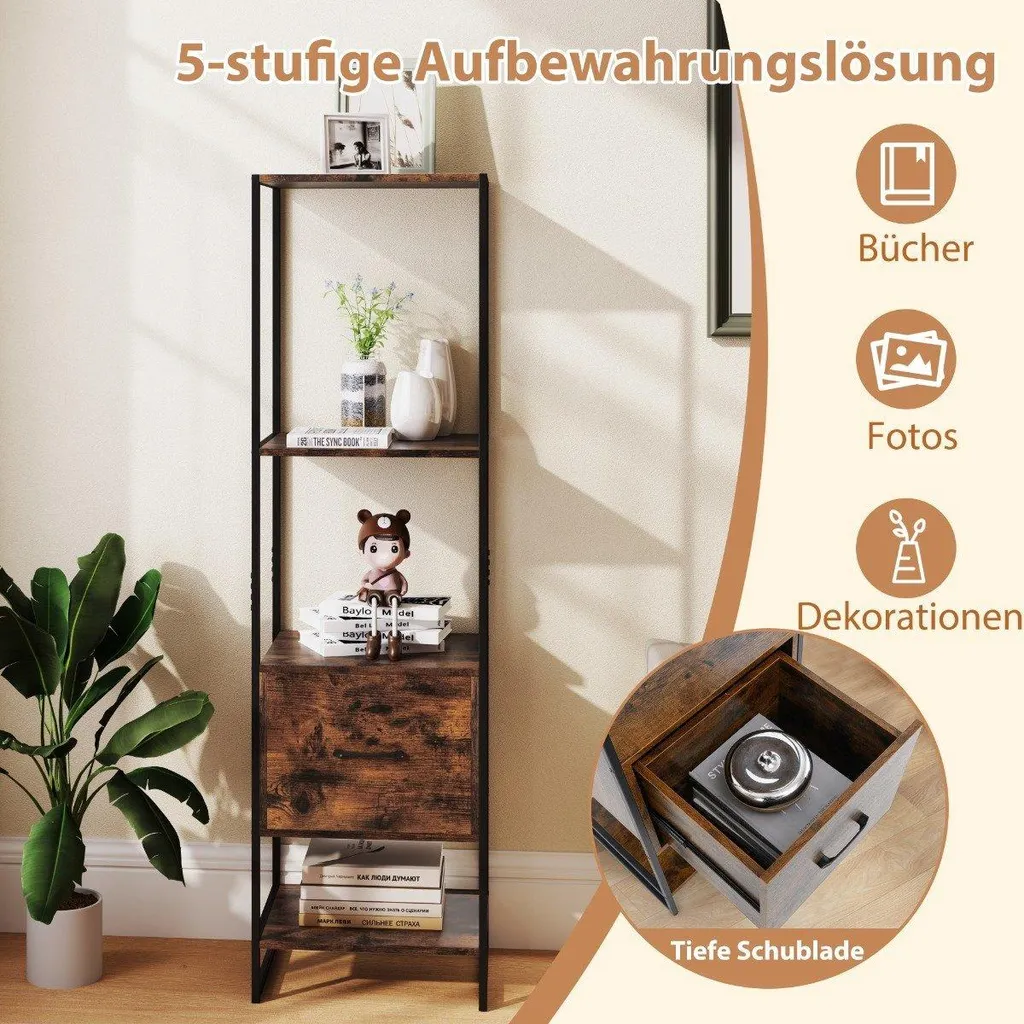 Étagère de rangement moderne marron 5 étages avec tiroir de bureau chic - 3