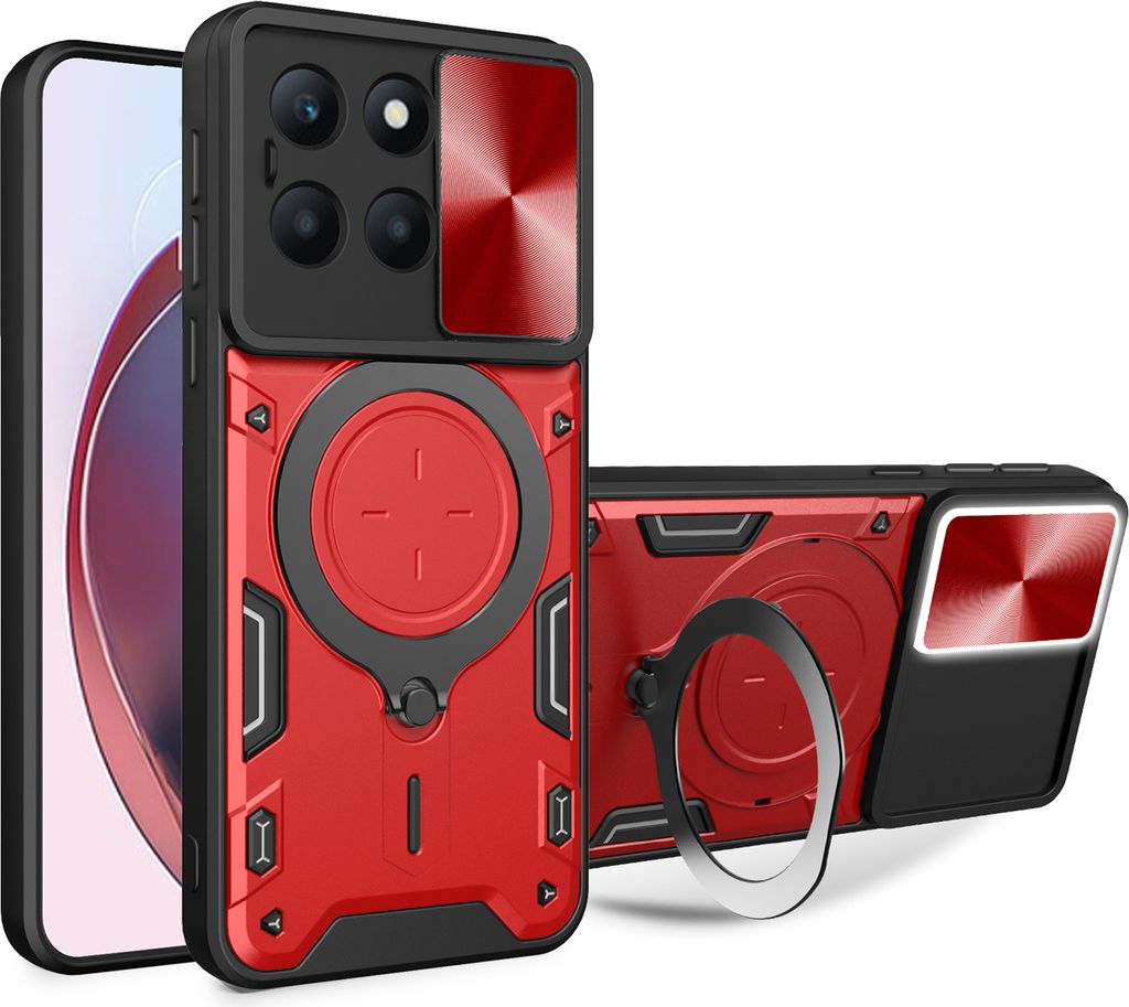 Handyhülle für Honor X6a Dual-Layer Stoßfest Rüstung Hülle mit Dia Kameraschutz und Kreisförmig Ring Ständer Rot
