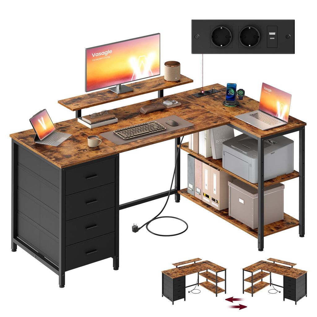 VASAGLE L-förmiger Eckschreibtisch mit USB-Anschlüssen, Produktbild 