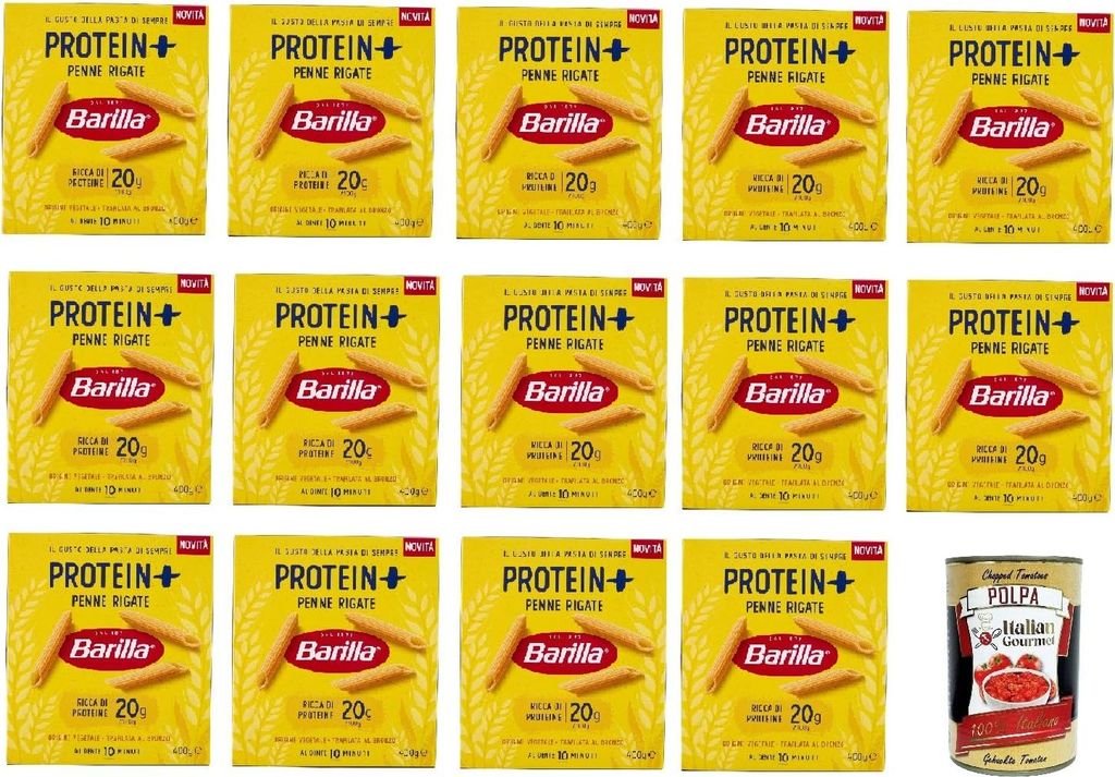 Barilla Protein+ Penne Rigate 400gr, Pasta reich an pflanzlichem Protein, 14x 400 g + Italian Gourmet polpa 400gr