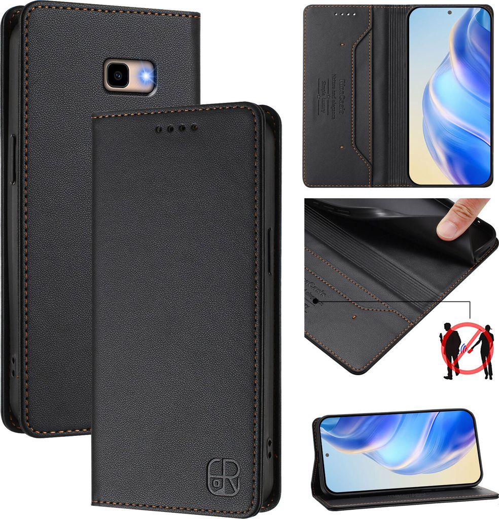 Lederhülle für Samsung Galaxy J4+/J4 Plus Hülle Flip Brieftasche Kartenfächern Ständer Schutzhülle Schwarz