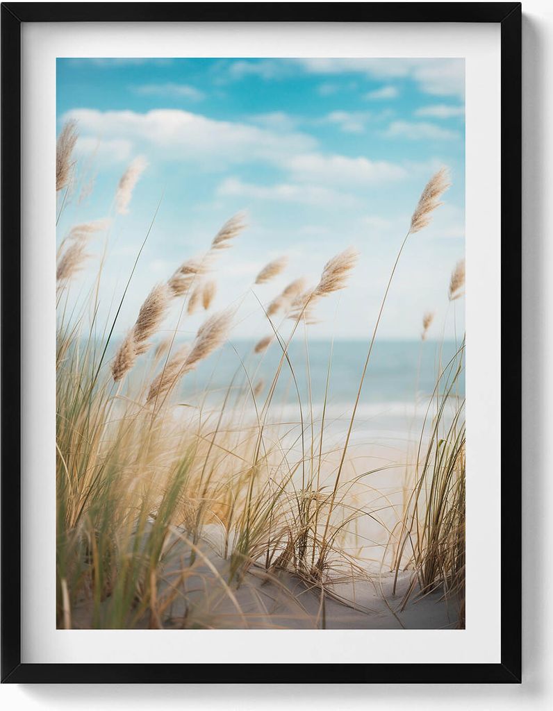 Landschaft aus Strandgräsern und Meer im Boho-Stil– Wandbild mit Rahmen – Gerahmtes Bild – Wanddekoration – 60x80 cm – Schwarz Rahmen