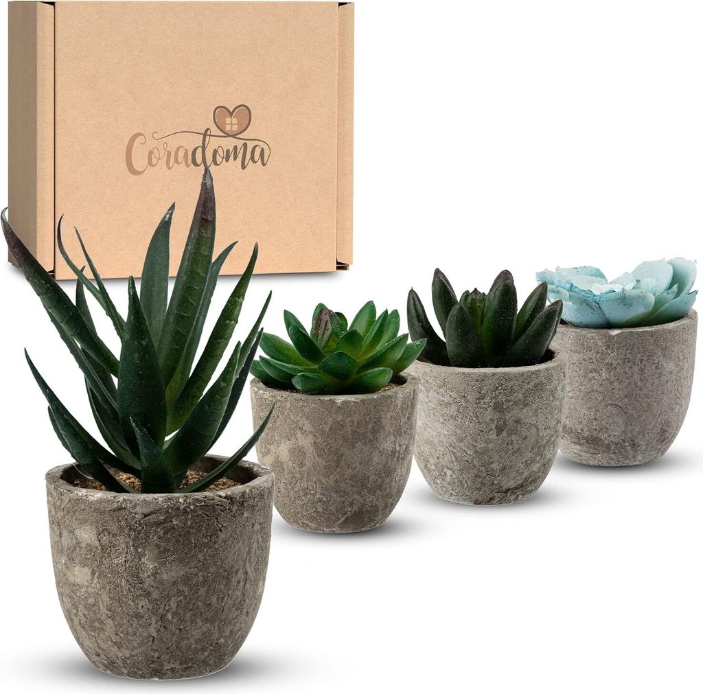 Künstliche Pflanzen Mini 4er Set Dekoration Kunstpflanzen im Topf Wohnzimmer Deko | Kunstblume Sukkulente Fensterbank Schreibtisch Büro Schlafzimmer