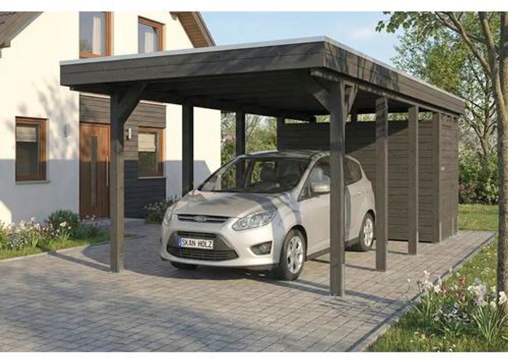 Einzelcarport SKAN HOLZ Friesland inkl. Abstellraum, Pfostenanker 320 x 708 cm grau