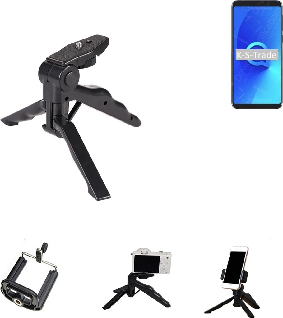 K-S-Trade Stativ Tisch-Ständer Dreibein Handy-Stativ Ständer kompatibel mit Alcatel 3V (2019) Mini-Stativ Smartphone Tripod Handy-Stativ aus Plastik
