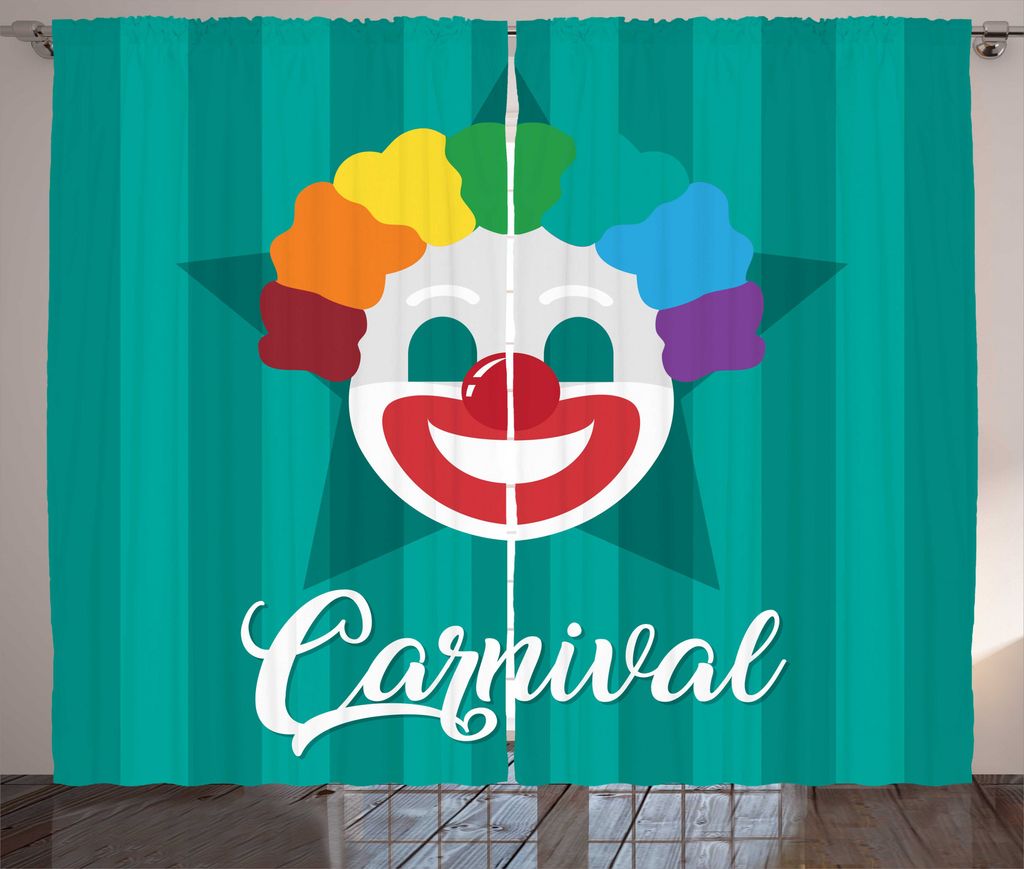 ABAKUHAUS Karneval Rustikaler Gardine, Typografie mit Clown-Gesicht, Schlafzimmer Kräuselband Vorhang mit Schlaufen und Haken, 280 x 175 cm, Teal ...