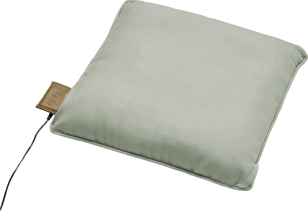 A light green massage cushion with a brown tag and a black wire attached, shown on a white background.