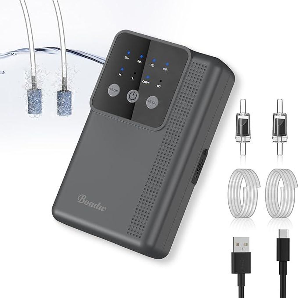 3W Einstellbare Aquarium Luftpumpe Leise Sauerstoffpumpe Aquarienluftpumpe aufladbar 2200mAh 2 Luftauslässen mit Allem Zubehör