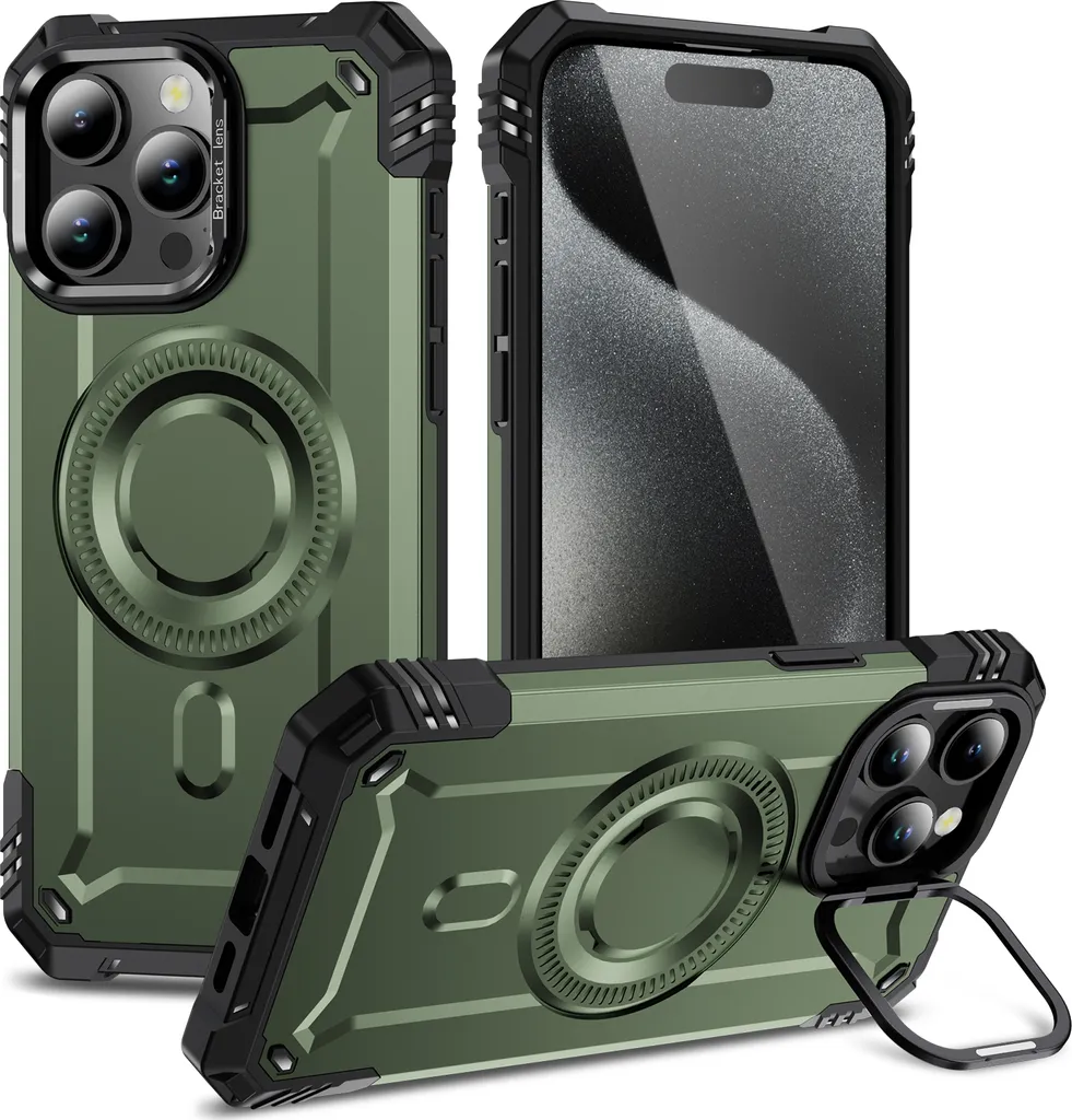 Custodia magnetica per iPhone 15 Pro, robusta custodia protettiva militare con supporto ad anello per fotocamera Verde
