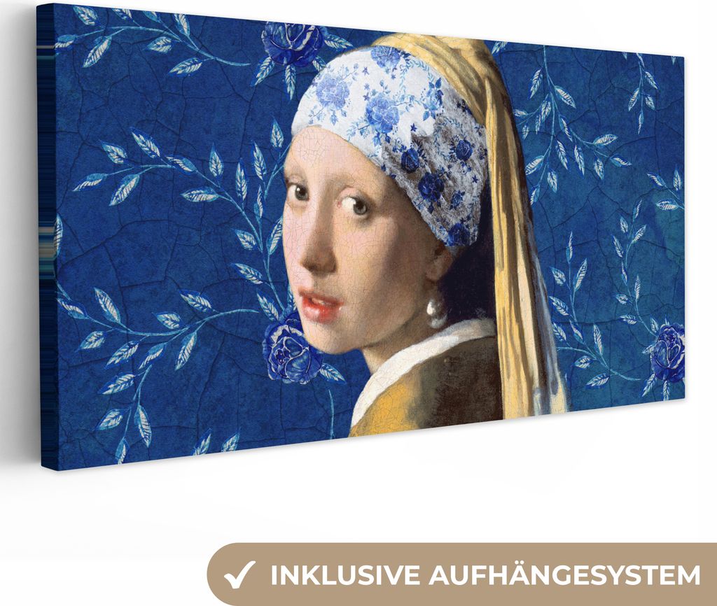 MuchoWow - Leinwandbilder - Mädchen mit Perlenohrring - Delfter Blau - Vermeer - Blumen - Gemälde - Alte Meister, Wandbild, Wanddeko Bilder Woh...