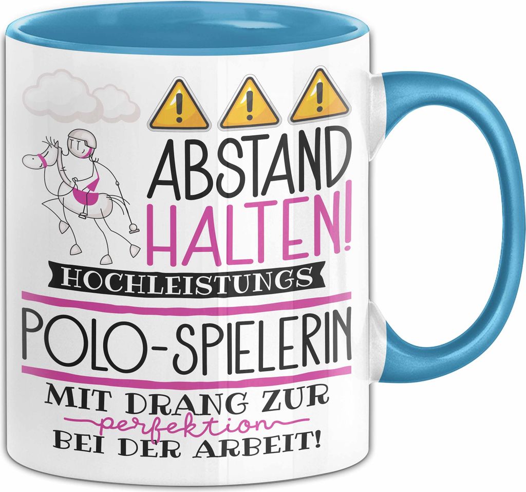 Polo-Spielerin Tasse Geschenk Lustig Abstand Halten Hochleistungs-Polo-Spielerin Mit Drang Zur Perfektion Bei Der Arbeit (Blau)