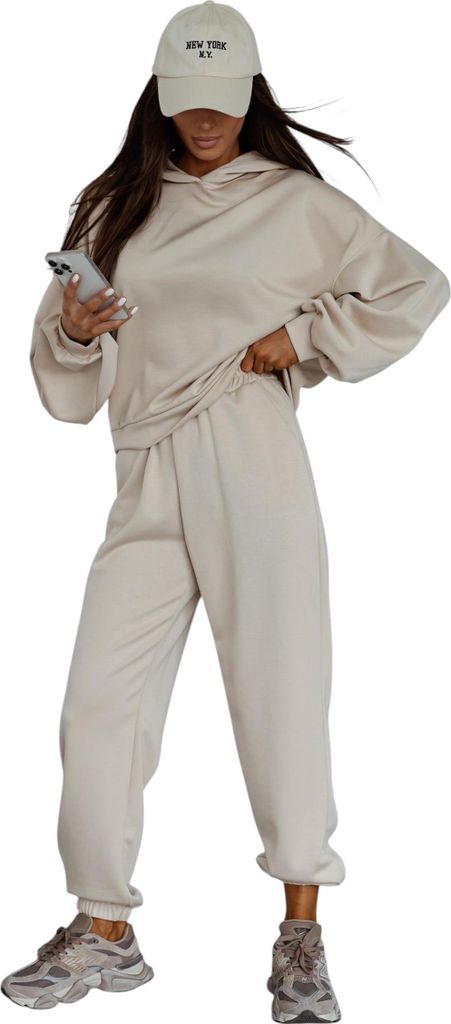 Jogginganzug Damen Trainingsset OVERSIZE – Hoodie & Jogginghose bequem Beige L/XL