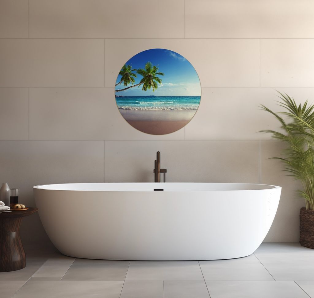 Wallario wasserfestes Poster selbstklebend 60 x 60 cm, Sandstrand auf den Seychellen - Urlaub unter Palmen, Badezimmerposter Spritzschutz mit Hochg...