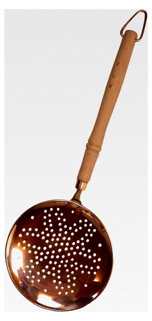 Schaumlöffel aus Kupfer mit Holzgriff I Flache Siebkelle mit feinen Löchern I Abseihlöffel mit Haken zum Aufhängen I Kelle mit 28 cm Länge und...