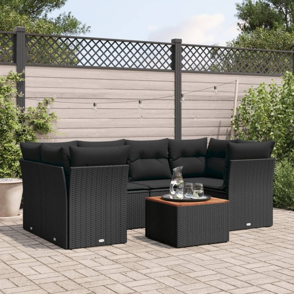 CLORIS 7-tlg. Garten-Sofagarnitur - mit Kissen - Schwarz Poly Rattan - Gartenmöbelgarnituren LL0000255941