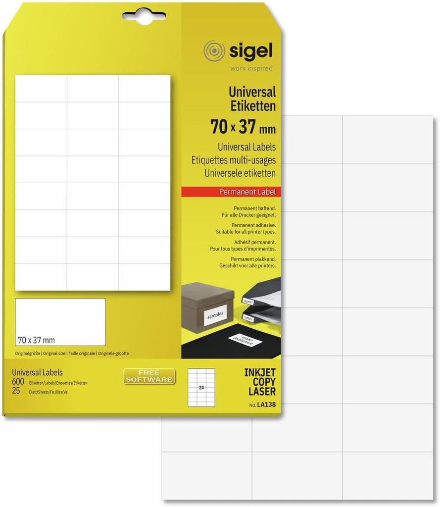 SIGEL LA138 Universal-Etiketten, 70 x 37 mm, weiß, 600 Produktbild 