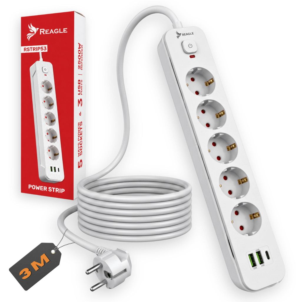 Reagle 3m Steckdosenleiste 5-fach mit 3x USB (2x USB-A, 1x Produktbild 