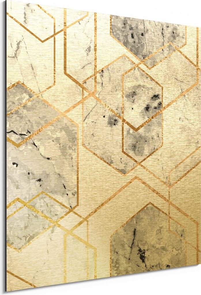 DEQORI Alu-Dibond Bild Gold 30x30 cm 'Goldgerahmte Sechsecke' Wandbild Metall dünn Design