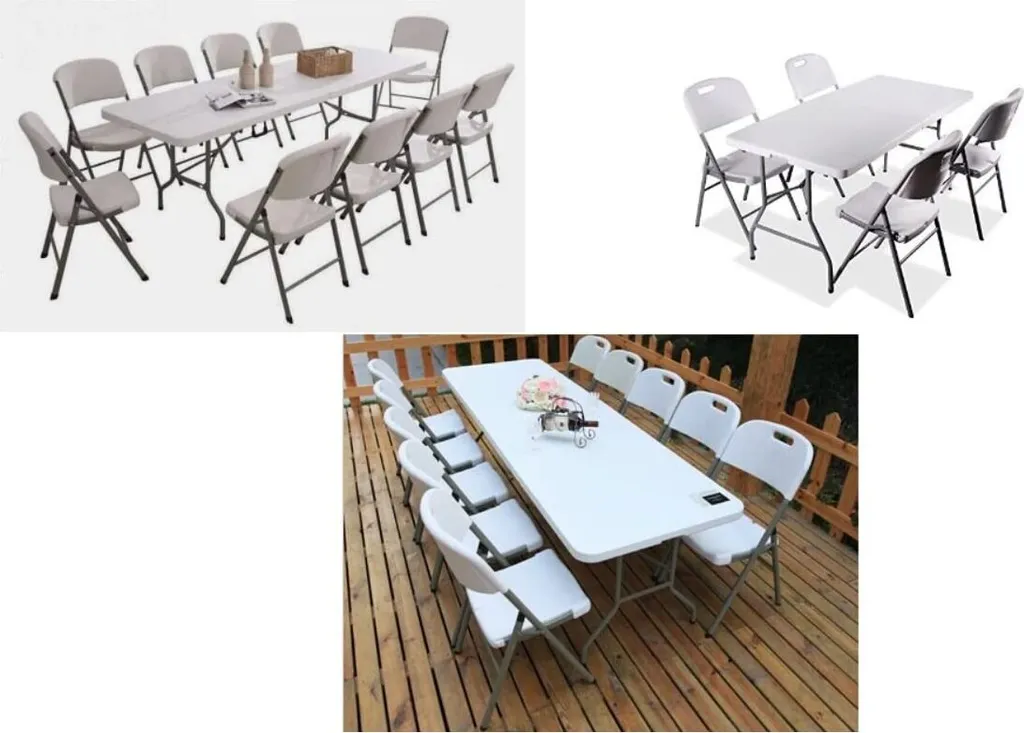 Table Pliante de Réception 180x75 cm avec 6 Poufs et Poignée de Transport