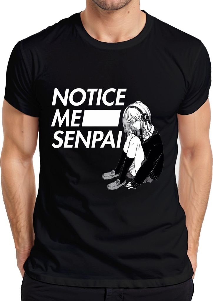 NOTICE ME SENPAI Anime Manga Mädchen Kopfhörer Kawaii Otaku Japan Herren T-Shirt, Schwarz, L