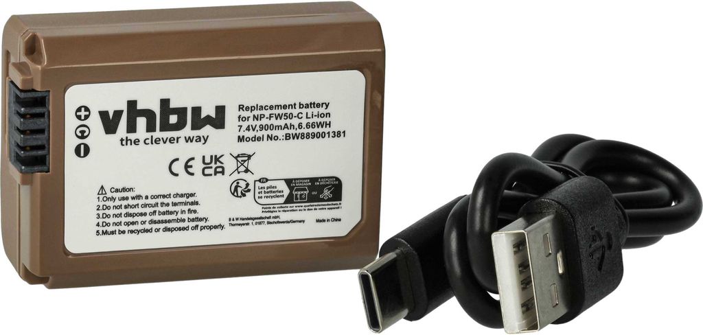 vhbw Akku kompatibel mit Sony Alpha ZV-E10, SLT-A55VY Kamera (900 mAh, 7,4 V, Li-Ion), Infochip, USB-C Buchse